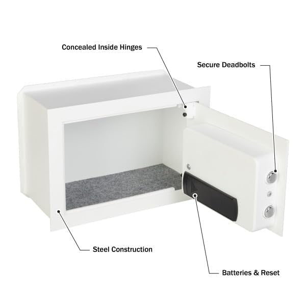 Wall Safe - Digital Safety Box with Passcode for Quick Access and Backup Key - Personal Safe for Cash or Jewelry - Wall Safes by Paragon (White) Stalwart