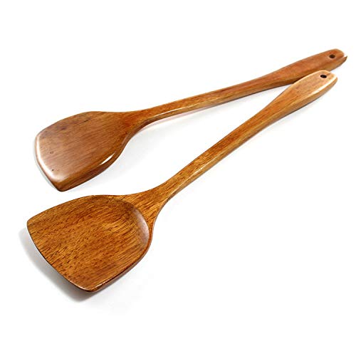 Linwnil Wooden Spatula for Cooking Nonstick, Kitchen Wok Spatula Utensil Set,15" Wooden Turner Serving Tool for High Heat Stirring in Nonstick Pans (2pcs -Wooden Spatula D)