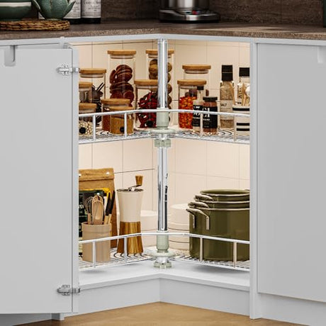 DWVO 28-Inch 2-Tier Lazy Susan Turnable for Cabinet, Rotating 2-Shelf Lazy Susan Corner Organizer with Adjustable Height for Kitchen Pantry, Chrome-Plated Double Spinning Corner Organizer, Silver DWVO