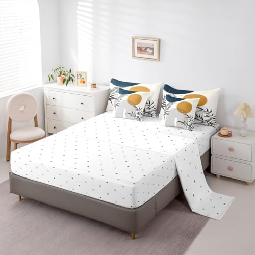 Erosebridal Boho Mid Century Queen 7 Pcs Bedding Set, Contemporary Bohemian Minimalist Comforter Set with Sheets, Abstract Geometric Bed in A Bag, Sage Tropical Palm Leaves Retro Elegant Zen Bed Sets Erosebridal