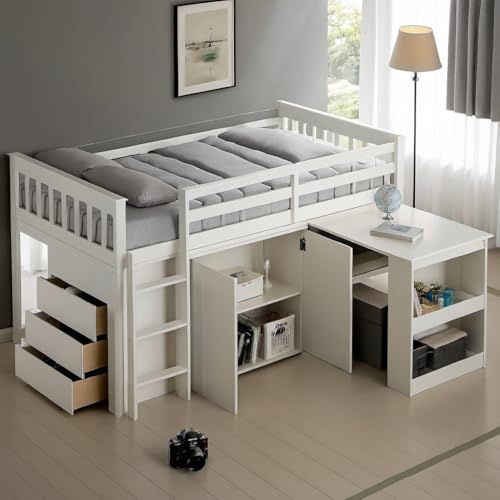 PVWIIK Twin Size Low Loft Bed with Storage Drawer & Desk for Kids,Wood Loft Bed w/Shelf,Space Saving,No Box Spring Needed,White PVWIIK
