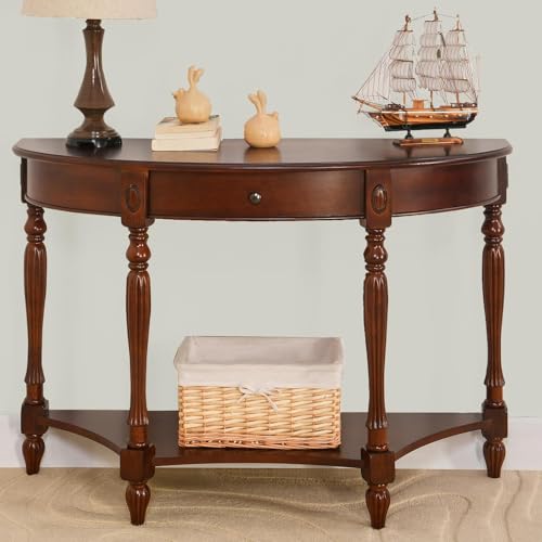LEEMTORIG Demi Lune Console Table for Entryway Living Room, Cherry Solid Wood Entryway Table with Storage Drawer, Traditional Victorian Antique Sofa Table Hallway Table, Cherry Walnut SFZ-1533-WD-DR LEEMTORIG