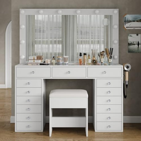 FUSOU 15 Drawers Vanity with Mirror and 12 LED Lights, Makeup Vanity with Charging Station, 3 Color Modes Adjustable Brightness, Glass Top Vanity Desk with Stool for Bedroom, White FUSOU
