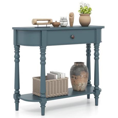 Giantex 2-Tier Console Table, 36" Retro Entryway Table with Storage Drawer & Elegant Legs, Narrow Wooden Sofa Table with Open Shelf for Living Room, Foyer, Hallway, Bedroom, Entrance (Blue) Giantex
