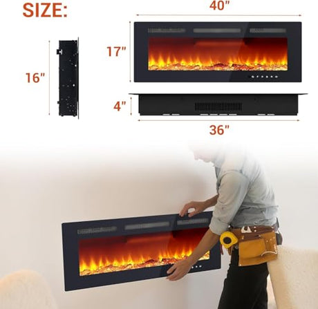 40" Electric Fireplace, Recessed and Wall Mounted Fireplace with Smart WiFi Infrared Linear Fireplace Heater 120v/1500w &12 LED Flame Colors & Timer Remote, Low Noise Operation LIZHOUMIL