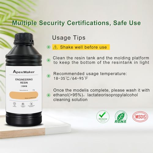 ApexMaker 3D Printer Engineer Resin 395-405nm High Hardness Photopolymer Resin, Used for 3D Printing of Functional Gadgets and Models for 4K 8K LCD/DLP 3D Printer(Engineer Orange,1000g)