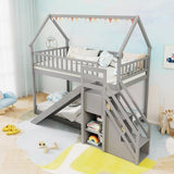 Giantex House Bunk Bed Twin Over Twin with Slide & Stairs, Wood Bunk Bed with Storage Shelves, No Box Spring Needed, Twin Floor Bed for Kids Teens Boys Girls (Grey) Giantex