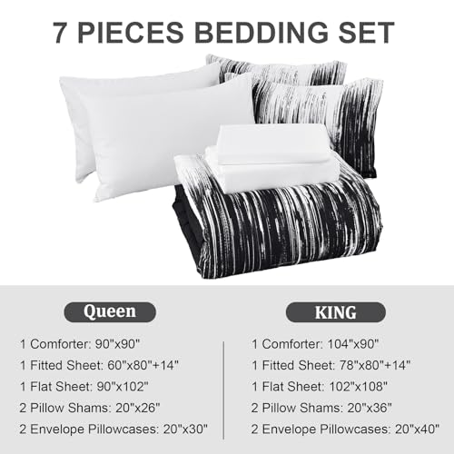 Dinjoy Ombre Black Comforter Set King Size Gradient Black White Boho Bedding Set for Teen Men Women 7 Pieces Bed in A Bag Bohemian Bed Set with Comforter, Sheets, Pillowcases & Shams Dinjoy