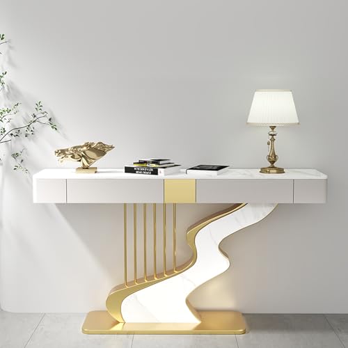 Half Moon Contemporary Console Table Slate Tabletop Black/Gold Luxury EntrywaySofa Table Long Narrow with Two Storage Drawers Creative Carbon Steel Base Decorative(Gold A,140cm/55.1IN) YITAYMLI