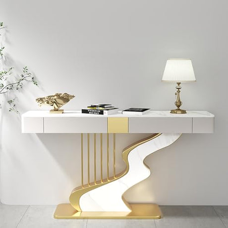 Half Moon Contemporary Console Table Slate Tabletop Black/Gold Luxury EntrywaySofa Table Long Narrow with Two Storage Drawers Creative Carbon Steel Base Decorative(Gold A,140cm/55.1IN) YITAYMLI