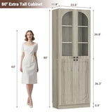Cyclysio 80" Kitchen Pantry, Tall Arch Storage Cabinet with Tempered Glass Doors, Freestanding Wood Floor Cupboard Bookcase with Seamless Fit Wall for Dining Room, Living Room, Bathroom (Ash Grey) Cyclysio