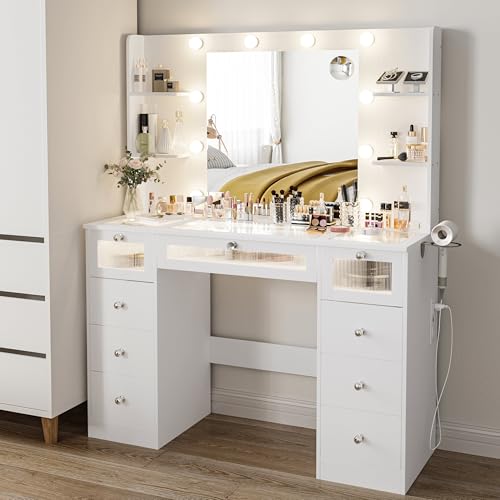 VQRhome White Vanity with Lighted 23.5” Mirror, Glass Top Vanity Desk with 9 Drawers & 3 Color Hollywood Bulbs & 4 Shelves & Acrylic & Power Outlet, Makeup Desk Dressing Table for Bedroom VQRhome