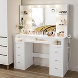 VQRhome White Vanity with Lighted 23.5” Mirror, Glass Top Vanity Desk with 9 Drawers & 3 Color Hollywood Bulbs & 4 Shelves & Acrylic & Power Outlet, Makeup Desk Dressing Table for Bedroom VQRhome
