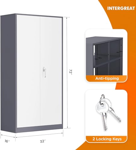 INTERGREAT Metal Storage Cabinet Doors, 72" Locking Steel Storage Cabinet with Shelves, Tall Metal Cabinet Lockable Steel Cabinets for Home Office, Garage(New Grey) - WoodArtSupply