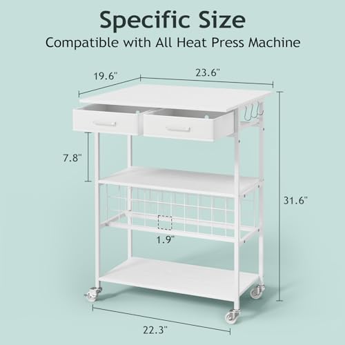 Homsorout Movable Heat Press Table - Heat Transfer Machine Stand Compatible for Cricut, Vinyl Roll Holder, Rolling Metal Wood Sublimation Printer Organizer for T Shirt Maker Craft, 23.6''×19.6'' Homsorout