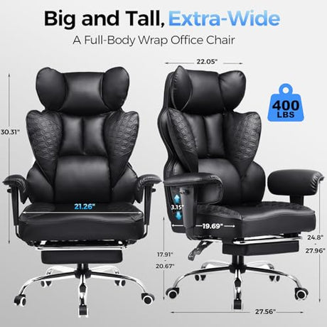 COMHOMA Big and Tall Office Chair 400LBS Heavy Duty Gaming Chair with Deluxe Embossing Leather High Back Wider Ergonomic Computer Chair with Foot Rest 150°Reclining Pocket Spring Lumbar Support COMHOMA