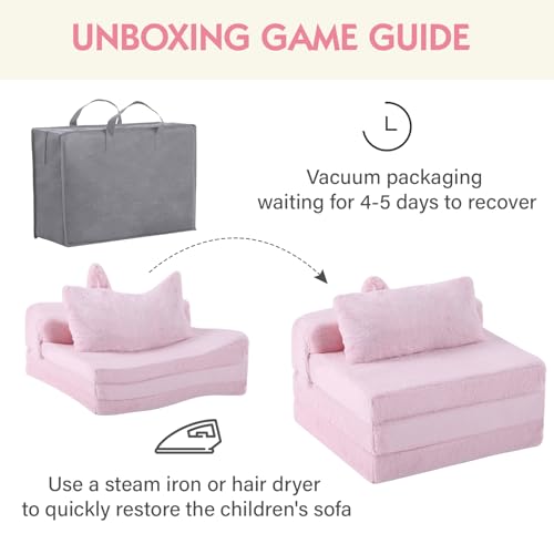 Givjoy Foldable Floor Mattress with Pillow for Kids, Toddler Washable Tri Folding Floor Nap Mat for Sleeping Daycare, Child Trifold Futon Sofa Bed with Storage Bag for Playroom Girls and Boys, Pink Givjoy
