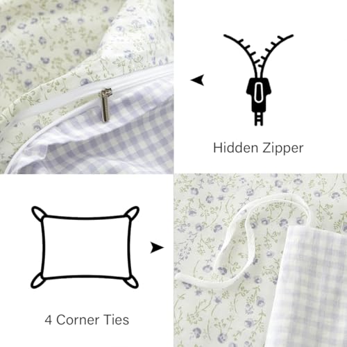 CCoutueChen Blue Gingham Duvet Cover Full 3Pcs 100% Cotton Blue Floral Bedding Set Farmhouse Flower Plaid Bedding Soft Breathable Cottage Duvet Cover Set with 2 Pillowcases(No Comforter) CCoutueChen