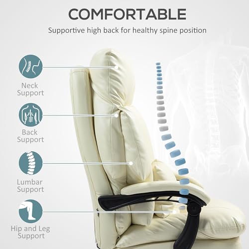 HOMCOM Overstuffed Executive Office Chair, PU Leather Reclining Swivel Desk Chair with High Back, Foot Rest, Thick Padded, 300 lbs, Cream White HOMCOM