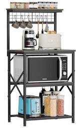 Furologee 4-Tier Black Oak Kitchen Bakers Rack & Microwave Stand with Pegboard and S Hooks Furologee