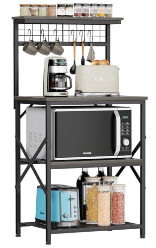 Furologee Kitchen Bakers Rack, Microwave Stand with Storage 4 Tiers, Coffee Bar Station with 6 S Hooks and Pegboard, Kitchen Shelves Rack for Spices, Pots, Black Oak