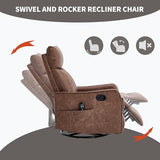 High Back Massage Recliner with Heat - Swivel Rocking Chair for Small Spaces, Manual Lazy Boy Recliner for Adults, Perfect for Living Room & Bedroom, Soft Fabric (Brown)