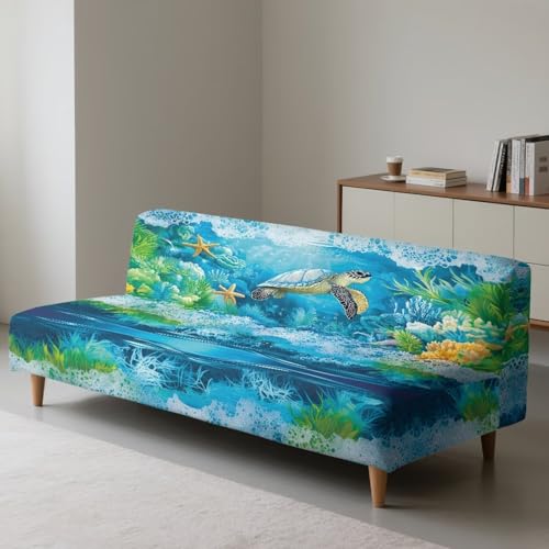 Txsniver Armless Sofa Slipcover Polyester Spandex Stretch Futon Cover, Dustproof Elastic Couch Cover Furniture Protector Machine Washable for Home, Dorm, Living, Turtle Print Txsniver