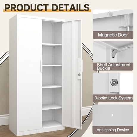 GREATMEET Garage Storage Cabinets, Metal Storage Cabinet with 2 Doors and Shelves, 71" H Metal Pantry, Lockable Storage Cabinets, Tool Storage Utility Cabinet for Office, White GREATMEET