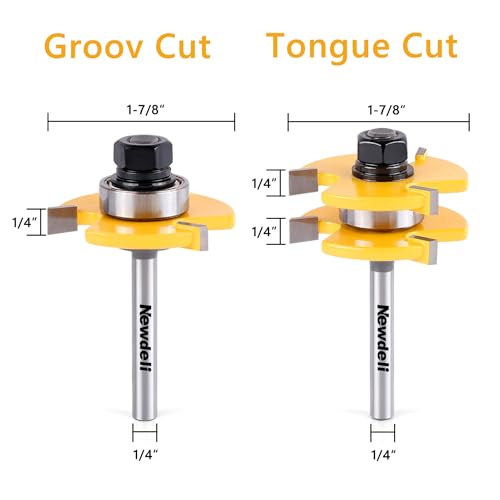 Newdeli Tongue and Groove Router Bit Set 1/4 Inch Shank - 2pcs Router Bits for 3/4" Stock, 1/2" Cutting Depth - T Shape 3 Teeth Wood Milling Cutter Newdeli