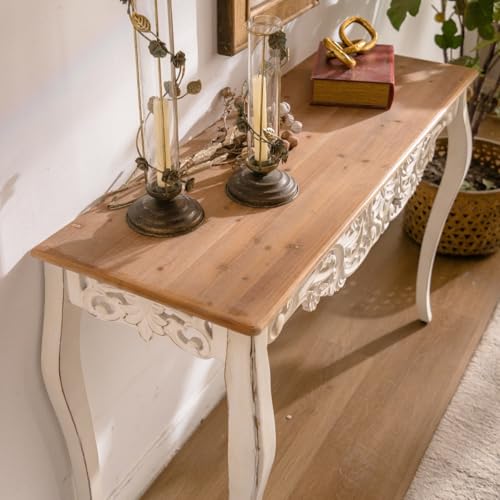 TTK 43.31" French Country Entry Table - Antique White Distressed Vintage Console Table with Wood Carvings, Curved Legs, Narrow Long Design for Hallway, Living Room, Bedroom, Foyer & Small Apartments TTK