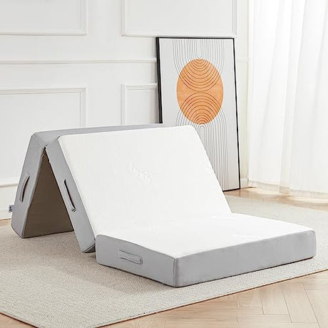 Lazyzizi Folding Mattress, 6 Inch Memory Foam Tri-fold Mattress with Breathable & Washable Bamboo Fiber Fabric Cover, Foldable Floor Guest Bed for Camping, Road Trip, Twin Lazyzizi