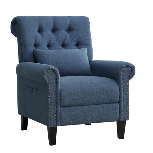 choairy Pushback Recliner Chair, Accent Push Back Chair with Adjustable Footrest, Upholstered Linen Fabric Reclining Sofa with Side Pocket, Comfy Modern Armchair for Living Room, Navy Blue