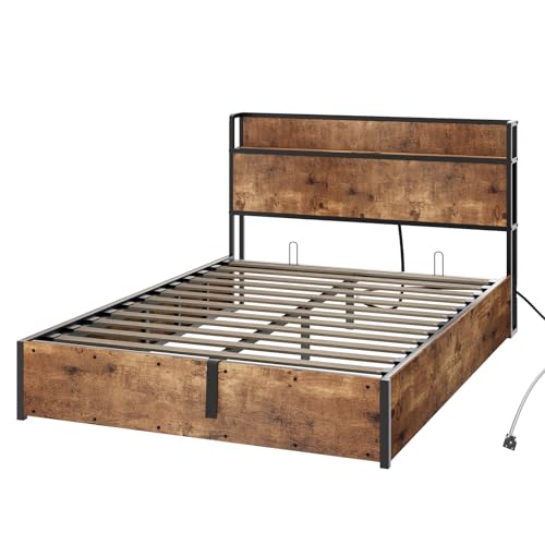 AMERLIFE Queen Size Lift Up Storage Bed Frame with Charging Station in Rustic Brown - WoodArtSupply