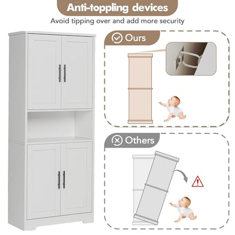 LIZHOUMIL 70" Tall Bathroom Storage Cabinet with Doors, Adjustable Shelves and Open Center Storage, Freestanding Bathroom Organizer,White LIZHOUMIL