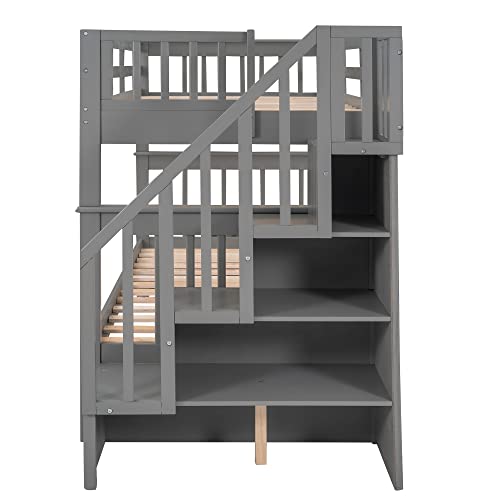 Harper & Bright Designs Twin Over Twin Bunk Bed with Three Drawers and Storage Staircase, Solid Wood Bunk Bed Frame with Guardrails for Bedroom, Guest Room, No Box Spring Required, Space Saving, Gray Harper & Bright Designs