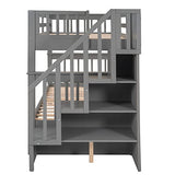 Harper & Bright Designs Twin Over Twin Bunk Bed with Three Drawers and Storage Staircase, Solid Wood Bunk Bed Frame with Guardrails for Bedroom, Guest Room, No Box Spring Required, Space Saving, Gray Harper & Bright Designs
