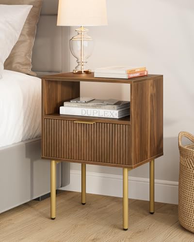 Masupu Night Stand,Mid-Century Modern Bedside Table with Storage Drawer and Open Wood Shelf,Small Gold Frame Side Table for Bedroom,Living Room, Walnut Masupu