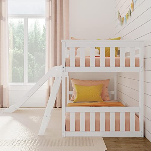 Max & Lily Solid Wood Twin Over Twin Size Low Bunk Beds for Kids with Slide and Ladder, 400 lbs Weight Capacity, 14" Safety Guardrail, Anti-Slip Steps, White Max & Lily