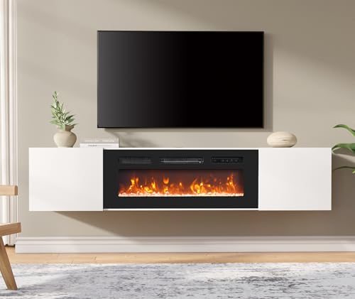 WAMPAT Modern Floating TV Stand with Electric Fireplace, Media Console for TVs up to 80", Wooden Entertainment Center with 36" Fireplace, TV Shelf Cabinet for Living Room or Bedroom, Yellow Light WAMPAT