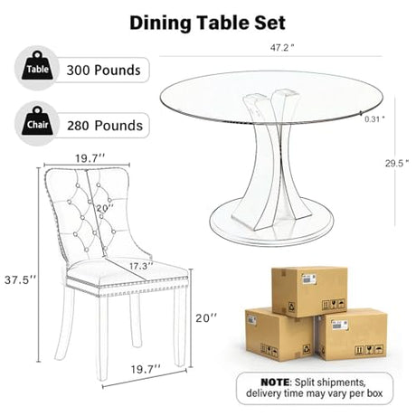 SIZOTA 5-Piece Dining Table Set with 47In Tempered Glass Table and 4 Velvet Upholstered Chairs, Modern Scandinavian Furniture for Dining Room Kitchen(Black) SIZOTA