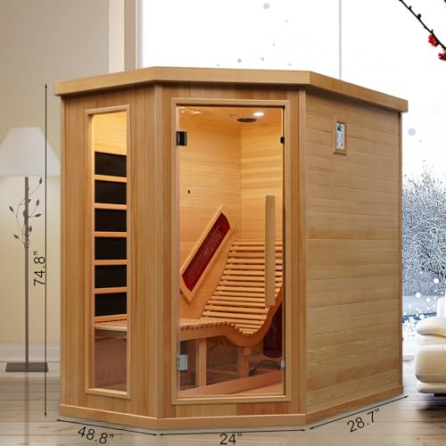 Smartmak Far Infrared Single Recliner Wooden Sauna,Home Indoor Canadian Hemlock Wooden Sauna,with 6 Heaters,Oxygen Bar,LED Controller,Bluetooth,Color Therapy Light(220V, 2300W) Smartmak