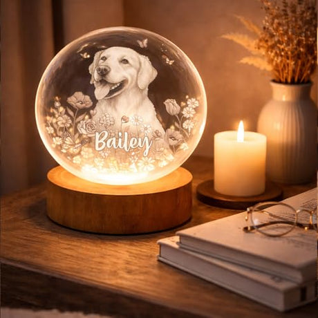 Evamall Personalized Pet Memorial Crystal Ball Night Light, Custom Cat Portrait Lamp, Pet Loss Keepsake, Gift for Dog Lovers, Dog Cat Memorial Gift Evamall
