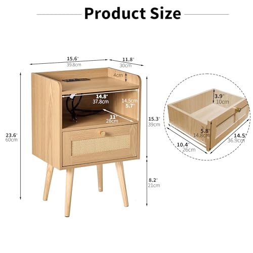 MECHYIN Rattan Nightstands, Bedside Tables with Charging Station, Rattan Drawers Nightstands, Rattan End Table with Solid Wood Feet, Side Table Nightstands sets for Bedroom - Natural MECHYIN