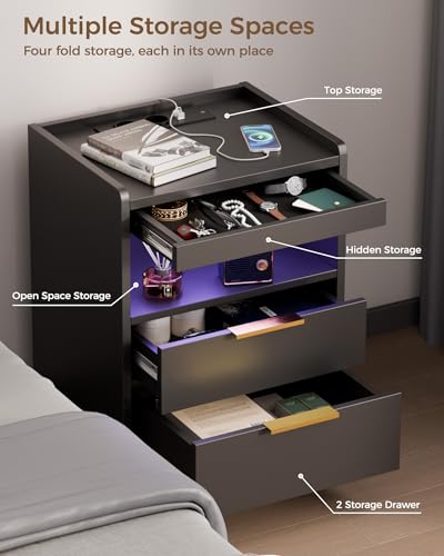 Mondeer Night Stand with Hidden Compartment, Black LED Nightstand with USB/Type-C Charging Station, Modern Bedside Table with 3 Drawers, for Bedroom Office,13.8" D x 15.7" W x 23.6" H Mondeer