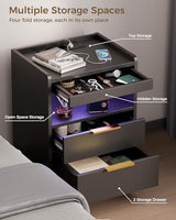 Mondeer Night Stand with Hidden Compartment, Black LED Nightstand with USB/Type-C Charging Station, Modern Bedside Table with 3 Drawers, for Bedroom Office,13.8" D x 15.7" W x 23.6" H Mondeer