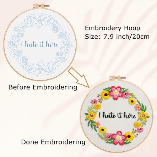 Nuberlic Floral Embroidery Kit for Beginners Cross Stitch Kits- Complete Starter Set with Hoop, Pre-Printed Fabric, Threads & Needles