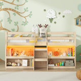 Giantex Low Loft Bed with LED Lights, Wooden Twin Loft Bed with Stairs & Safety Guardrail, Loft Bed Twin Size with Storage Bookcase and Under-Bed Play Space, Loft Bed for Kids (Natural) Giantex