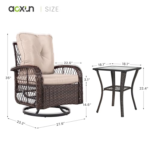 Aoxun 3 Pieces Outdoor Swivel Rocker Chair Set of 2 with Small Side Table Wicker Rattan Patio Furniture Set Outdoor Rocking Chair Set for Backyard, Balcony, Deck (Beige)