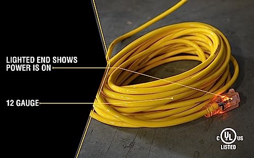 Yellow Jacket Heavy Duty Extension Cord, 100Ft, 12 Gauge, 3 Conductor, Lighted End, Weather Resistant, SJTW, Yellow, 2885 - WoodArtSupply