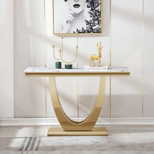 Goujxcy 47"" Marble Console Table Luxury Gold Sofa Table with Geometric U-Shape Stainless Steel Pedestal Modern Long Console Sofa Table White Marble Entryway Hall Table for Living Room Hallway Goujxcy